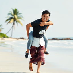 An Indonesian old woman wearing a white button-up tight crop top and low waist batik cloth, along with wooden sandals, is walking on a beach