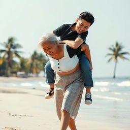 An Indonesian old woman wearing a white button-up tight crop top and low waist batik cloth, along with wooden sandals, is walking on a beach