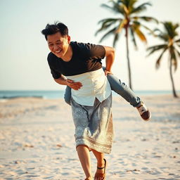 An Indonesian old woman wearing a white button-up tight crop top and low waist batik cloth, along with wooden sandals, is walking on a beach