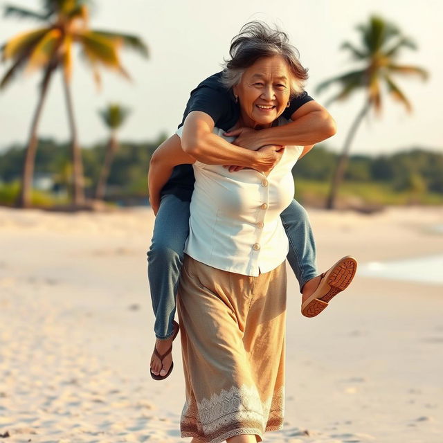 An Indonesian old woman wearing a white button-up tight crop top and low waist batik cloth, along with wooden sandals, is walking on a beach