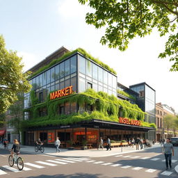 A modern architectural design for a market located on a corner plot