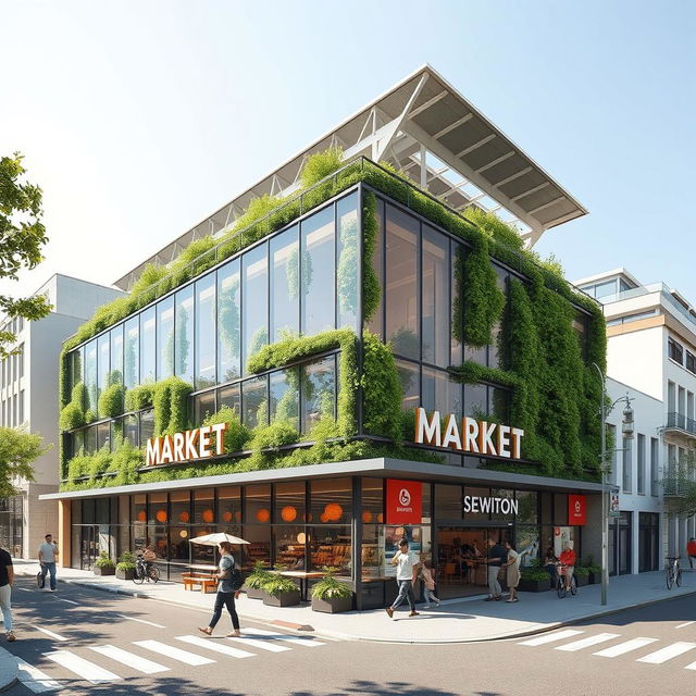 A modern architectural design for a market located on a corner plot