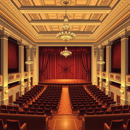 A beautifully detailed illustration of a classical rectilinear auditorium, showcasing grand architectural features such as high ceilings with ornate moldings, large rectangular seating areas arranged in tiered rows, and elegant columns supporting the structure