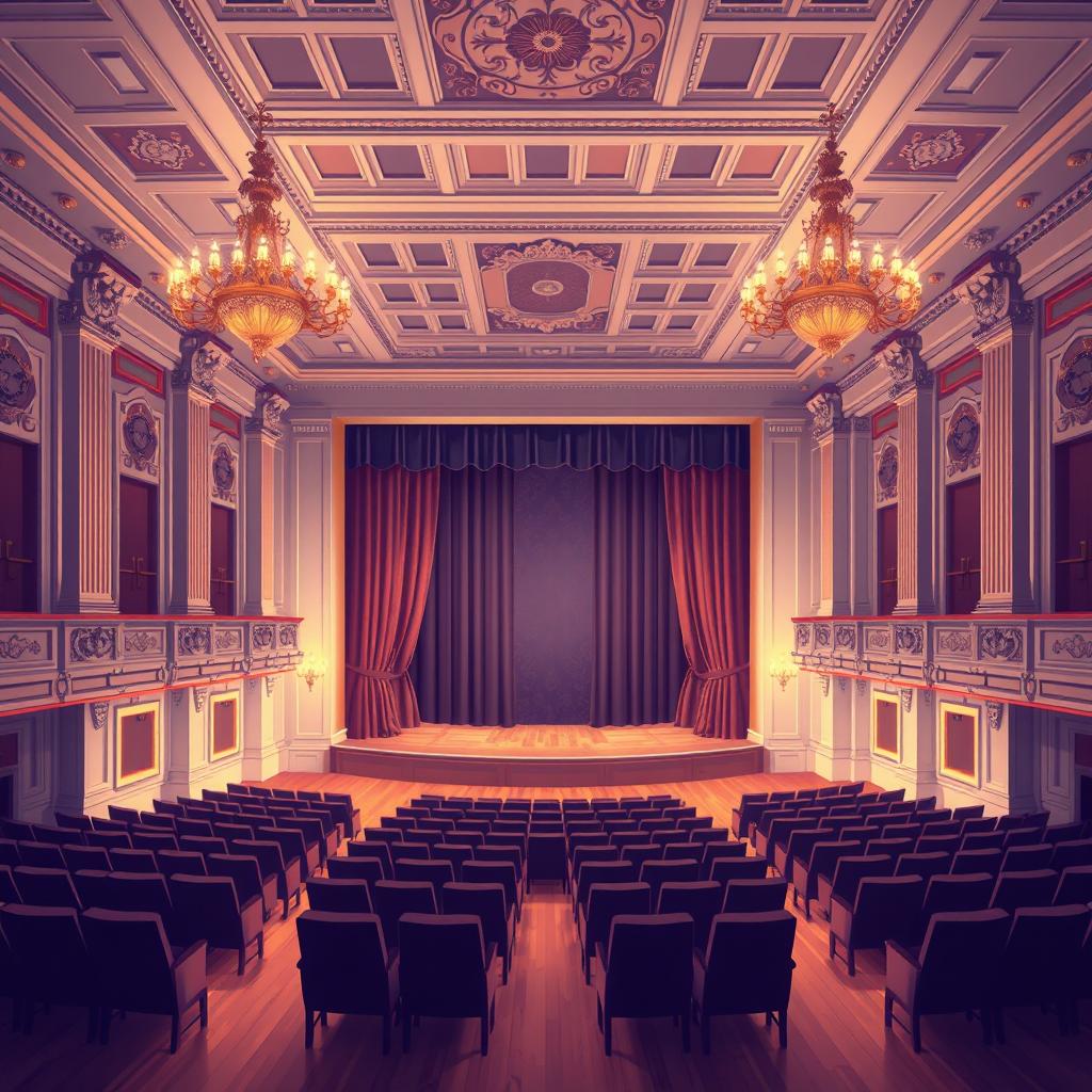A beautifully detailed illustration of a classical rectilinear auditorium, showcasing grand architectural features such as high ceilings with ornate moldings, large rectangular seating areas arranged in tiered rows, and elegant columns supporting the structure