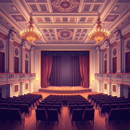 A beautifully detailed illustration of a classical rectilinear auditorium, showcasing grand architectural features such as high ceilings with ornate moldings, large rectangular seating areas arranged in tiered rows, and elegant columns supporting the structure