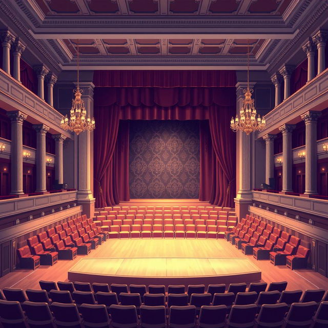 A beautifully detailed illustration of a classical rectilinear auditorium, showcasing grand architectural features such as high ceilings with ornate moldings, large rectangular seating areas arranged in tiered rows, and elegant columns supporting the structure