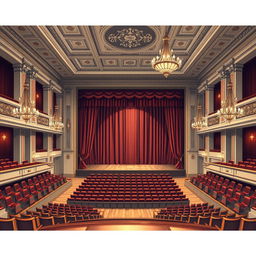 A beautifully detailed illustration of a classical rectilinear auditorium, showcasing grand architectural features such as high ceilings with ornate moldings, large rectangular seating areas arranged in tiered rows, and elegant columns supporting the structure