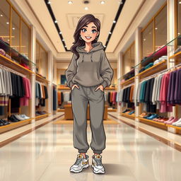 A beautiful cartoon model wearing loose pants, an oversized sweater, a hoodie, and sporty shoes, standing in a large luxurious clothing store, with shelves filled with stylish garments around her