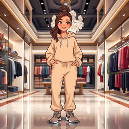 A beautiful cartoon model wearing loose pants, an oversized sweater, a hoodie, and sporty shoes, standing in a large luxurious clothing store, with shelves filled with stylish garments around her