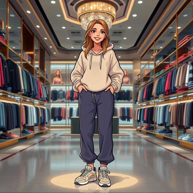 A beautiful cartoon model wearing loose pants, an oversized sweater, a hoodie, and sporty shoes, standing in a large luxurious clothing store, with shelves filled with stylish garments around her