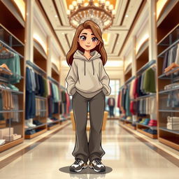 A beautiful cartoon model wearing loose pants, an oversized sweater, a hoodie, and sporty shoes, standing in a large luxurious clothing store, with shelves filled with stylish garments around her