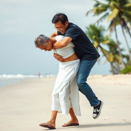 An Indonesian old woman in a white button-up tight crop top and low waist batik cloth, wearing wood sandals, is walking on the beach while bowing