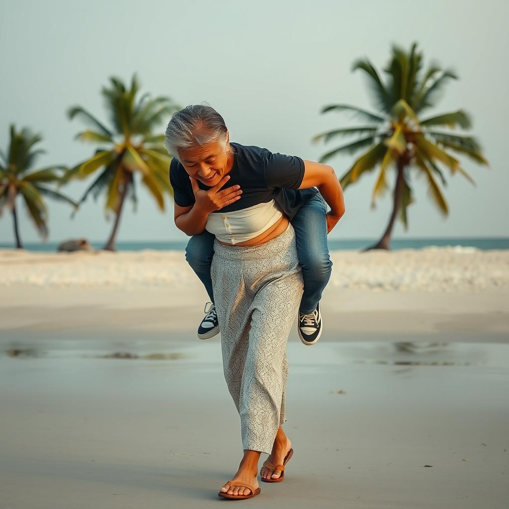 An Indonesian old woman in a white button-up tight crop top and low waist batik cloth, wearing wood sandals, is walking on the beach while bowing