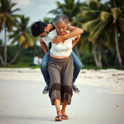 An Indonesian old woman in a white button-up tight crop top and low waist batik cloth, wearing wood sandals, is walking on the beach while bowing