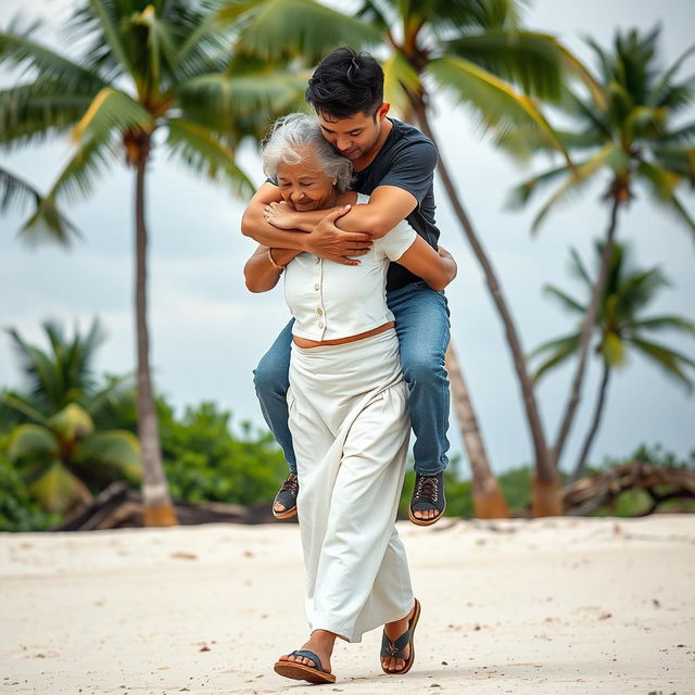 An Indonesian old woman in a white button-up tight crop top and low waist batik cloth, wearing wood sandals, is walking on the beach while bowing