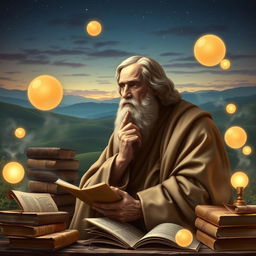 A creative background featuring a wise philosopher with a serene demeanor, surrounded by ancient books and scrolls symbolizing knowledge