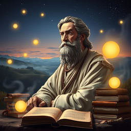 A creative background featuring a wise philosopher with a serene demeanor, surrounded by ancient books and scrolls symbolizing knowledge