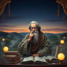 A creative background featuring a wise philosopher with a serene demeanor, surrounded by ancient books and scrolls symbolizing knowledge