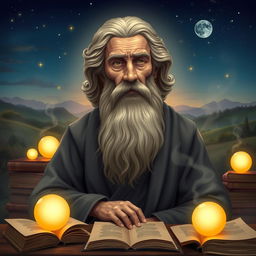A creative background featuring a wise philosopher with a serene demeanor, surrounded by ancient books and scrolls symbolizing knowledge