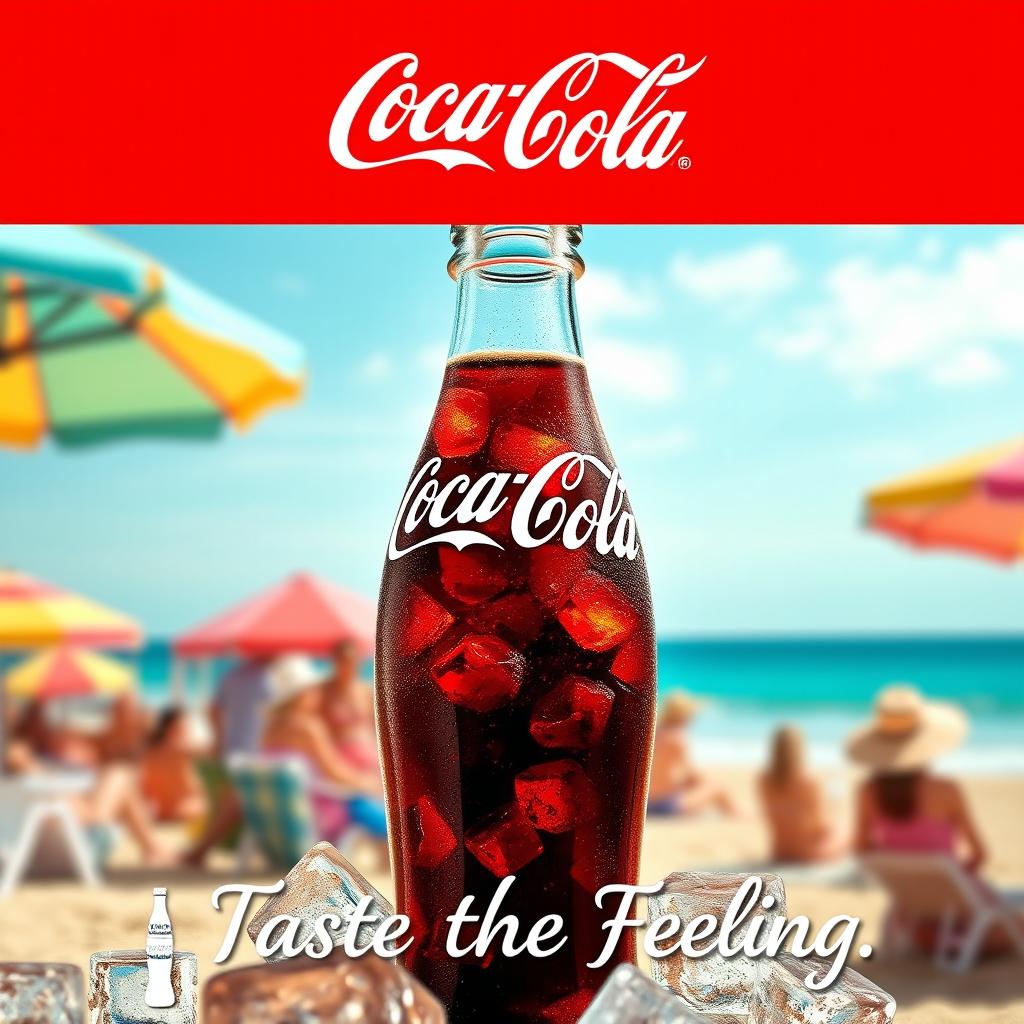 A vibrant and enticing Coca-Cola poster featuring a classic glass bottle filled with ice-cold Coca-Cola