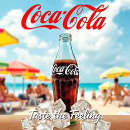 A vibrant and enticing Coca-Cola poster featuring a classic glass bottle filled with ice-cold Coca-Cola