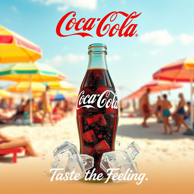 A vibrant and enticing Coca-Cola poster featuring a classic glass bottle filled with ice-cold Coca-Cola