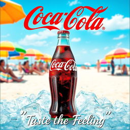 A vibrant and enticing Coca-Cola poster featuring a classic glass bottle filled with ice-cold Coca-Cola