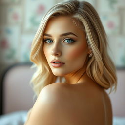 A beautiful, petite blonde woman posed artistically in a serene and tasteful manner