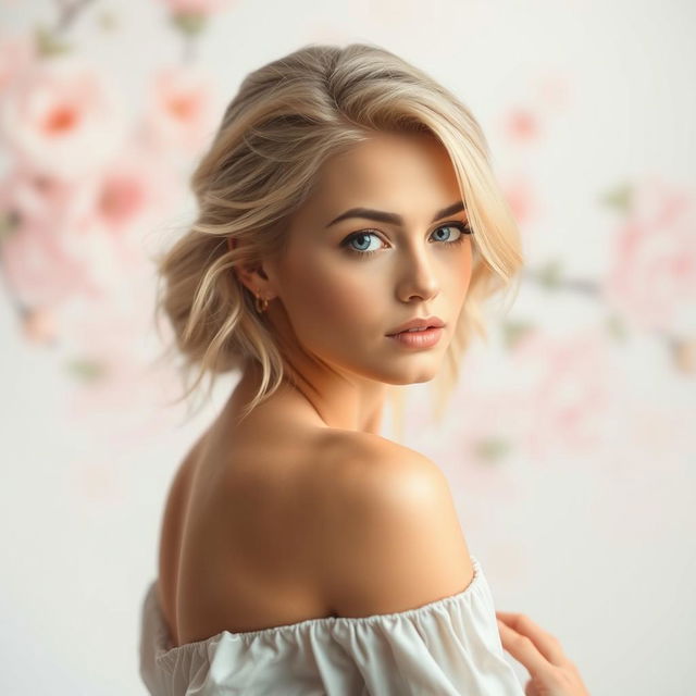 A beautiful, petite blonde woman posed artistically in a serene and tasteful manner