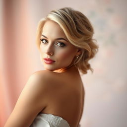 A beautiful, petite blonde woman posed artistically in a serene and tasteful manner