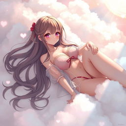 A sexy anime girl with big breasts lying comfortably on a fluffy cloud, wearing a beautifully detailed transparent outfit that gently billows around her
