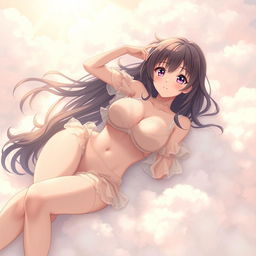 A sexy anime girl with big breasts lying comfortably on a fluffy cloud, wearing a beautifully detailed transparent outfit that gently billows around her