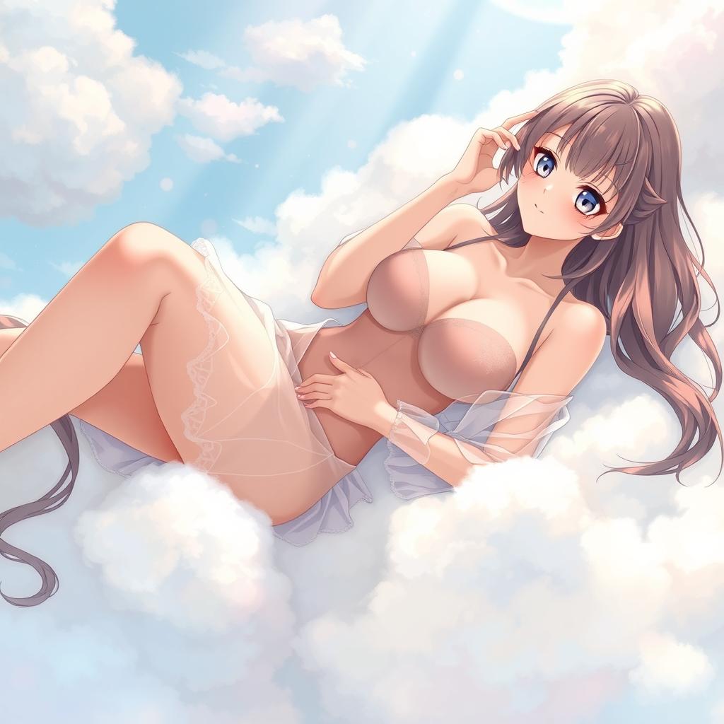 A sexy anime girl with big breasts lying comfortably on a fluffy cloud, wearing a beautifully detailed transparent outfit that gently billows around her