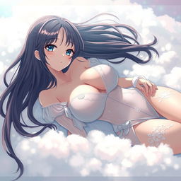 A sexy anime girl with big breasts lying comfortably on a fluffy cloud, wearing a beautifully detailed transparent outfit that gently billows around her