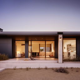 A single-story house with four rooms, featuring a cozy living room, a large kitchen with an island, and big windows.