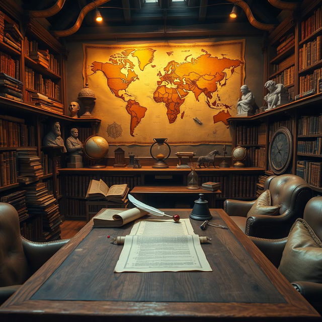 An imaginative representation of the study of history, featuring an ancient library filled with scrolls and books, with a warm golden light illuminating an oak study table where a quill pen, inkpot, and parchment lie