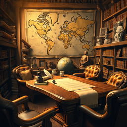 An imaginative representation of the study of history, featuring an ancient library filled with scrolls and books, with a warm golden light illuminating an oak study table where a quill pen, inkpot, and parchment lie