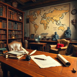An imaginative representation of the study of history, featuring an ancient library filled with scrolls and books, with a warm golden light illuminating an oak study table where a quill pen, inkpot, and parchment lie