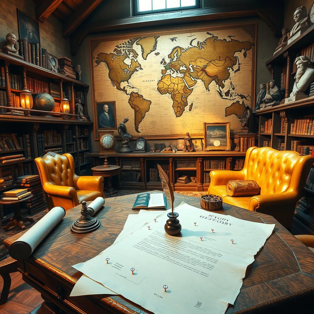 An imaginative representation of the study of history, featuring an ancient library filled with scrolls and books, with a warm golden light illuminating an oak study table where a quill pen, inkpot, and parchment lie