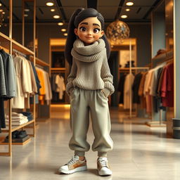 A beautiful, large cartoon model wearing baggy pants, a loose knitted sweater, sporty shoes, and a large wool scarf, standing in a luxurious clothing store