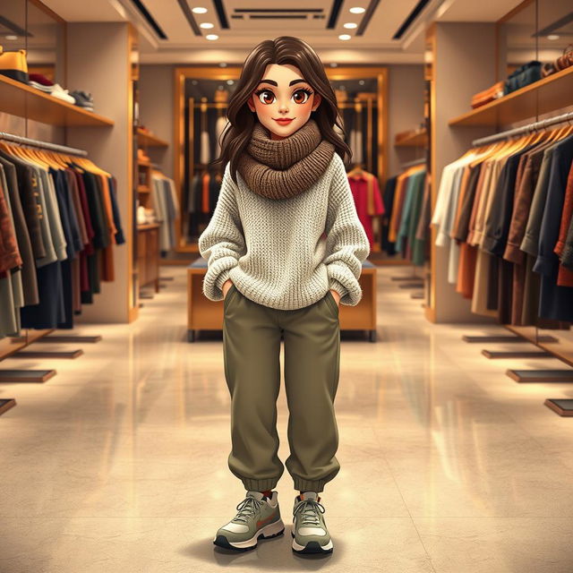 A beautiful, large cartoon model wearing baggy pants, a loose knitted sweater, sporty shoes, and a large wool scarf, standing in a luxurious clothing store