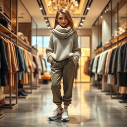 A beautiful, large cartoon model wearing baggy pants, a loose knitted sweater, sporty shoes, and a large wool scarf, standing in a luxurious clothing store