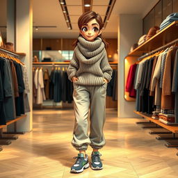 A beautiful, large cartoon model wearing baggy pants, a loose knitted sweater, sporty shoes, and a large wool scarf, standing in a luxurious clothing store