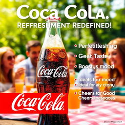 A vibrant and eye-catching Coca Cola poster featuring a refreshing bottle of Coca Cola with ice and condensation dripping down the sides