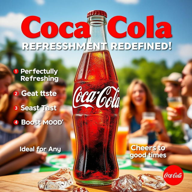 A vibrant and eye-catching Coca Cola poster featuring a refreshing bottle of Coca Cola with ice and condensation dripping down the sides