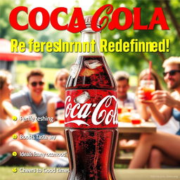 A vibrant and eye-catching Coca Cola poster featuring a refreshing bottle of Coca Cola with ice and condensation dripping down the sides