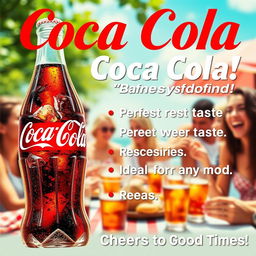 A vibrant and eye-catching Coca Cola poster featuring a refreshing bottle of Coca Cola with ice and condensation dripping down the sides