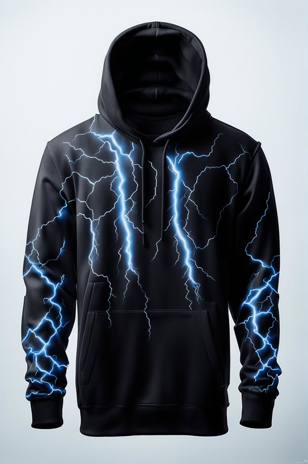 A 32k HD product photograph of a black graphic hoodie with electric blue lightning bolts, taken with a 200mm lens