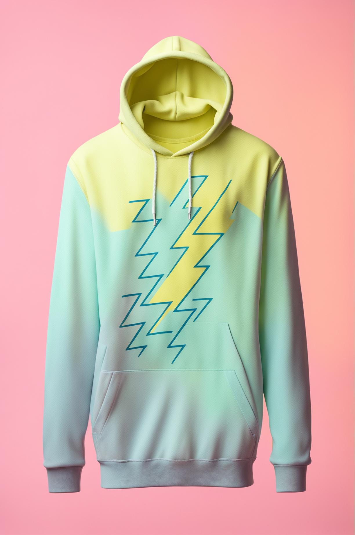A 32k HD product photograph of a pastel yellow hoodie with a gradient pastel lightning bolt design, inspired by Wes Anderson's aesthetic