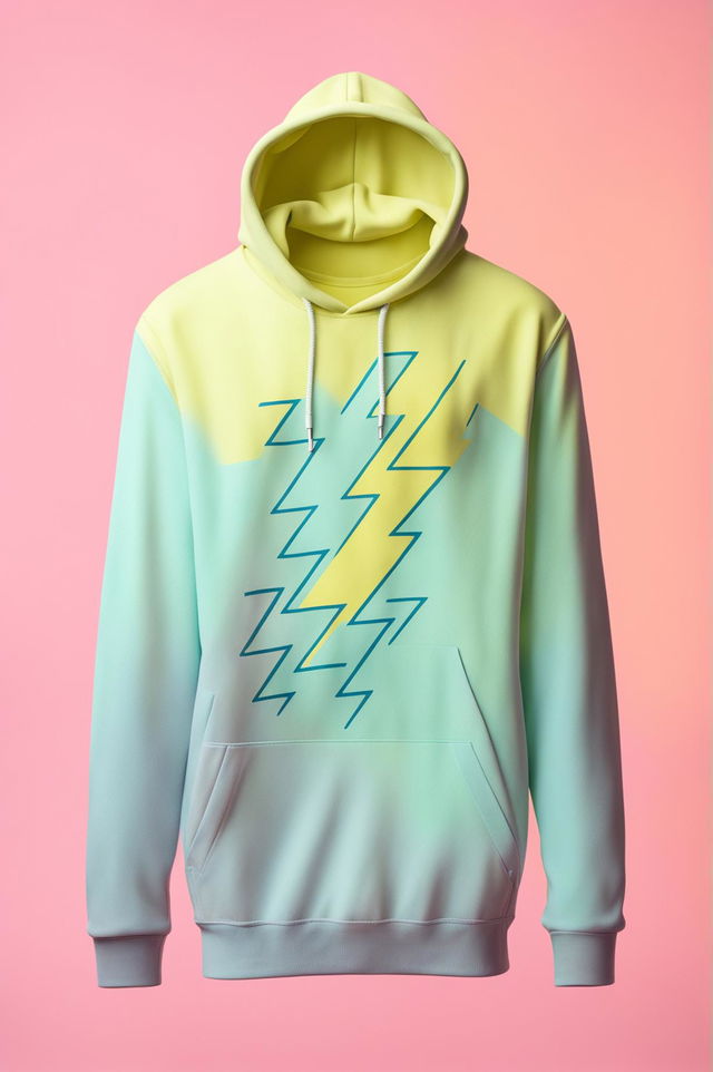 A 32k HD product photograph of a pastel yellow hoodie with a gradient pastel lightning bolt design, inspired by Wes Anderson's aesthetic